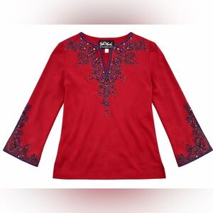 Bob Mackie Wearable Art Embroidered Red Bell Sleeve Top XS